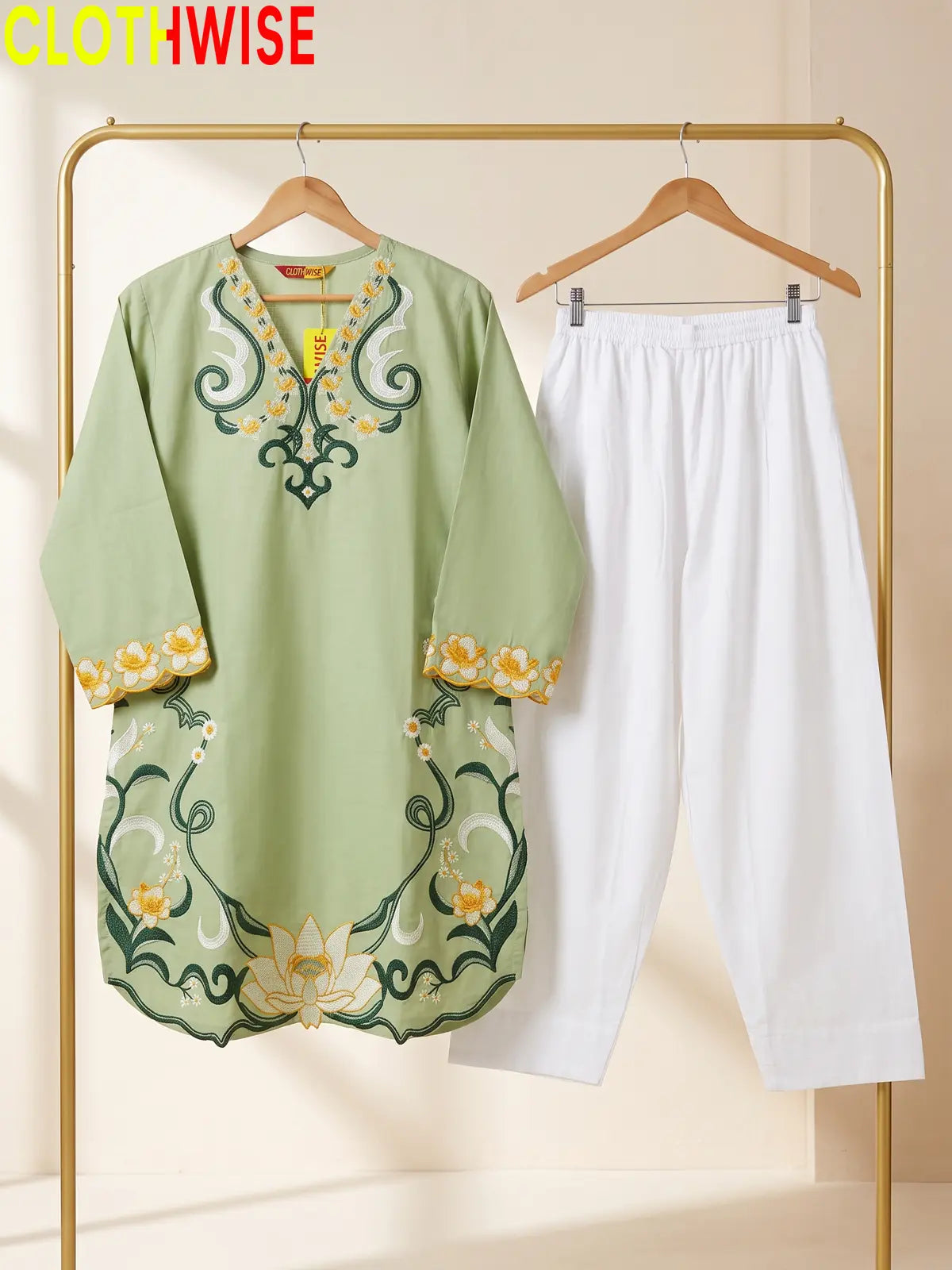 Lotus Embroidered 2 Piece Suit | Cut-Work Kurti with Shalwar for Women