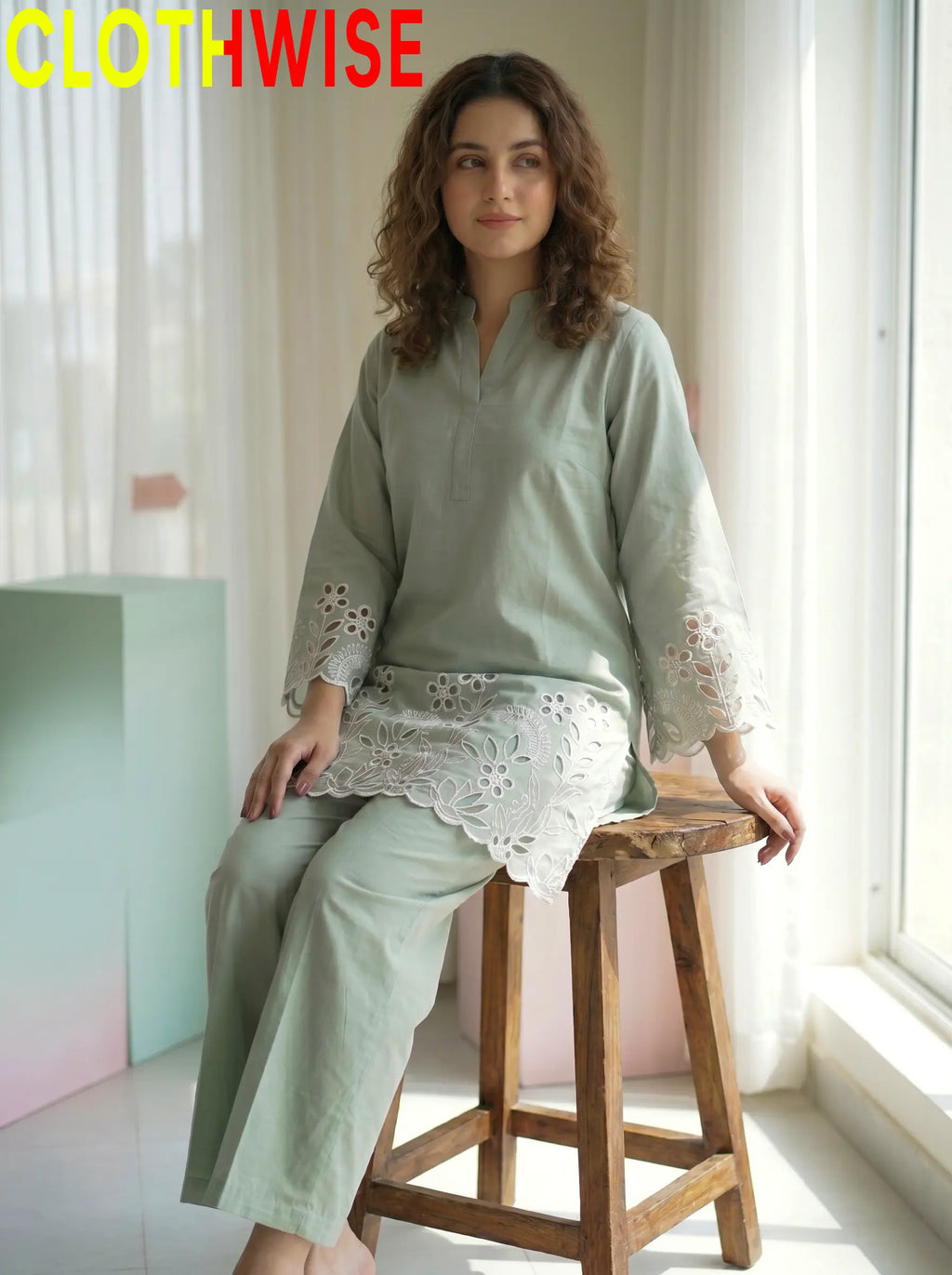 Flora Reign | Mint Cutwork Floral 2-Piece Kurti & Palazzo Set
