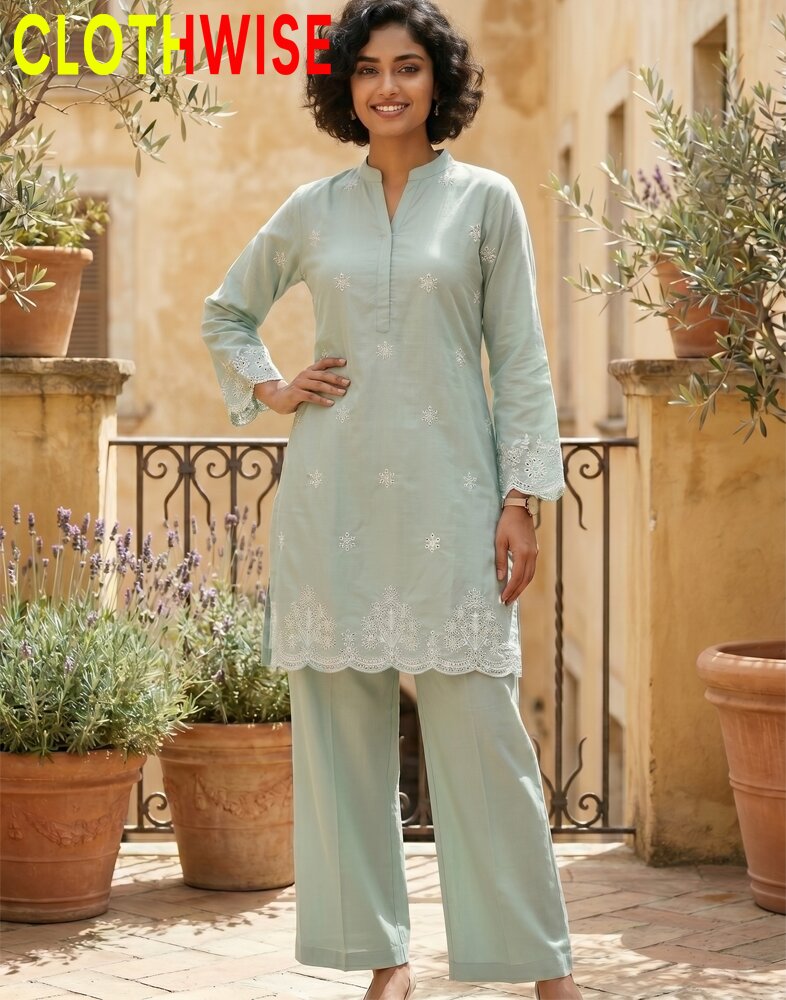 Woman in a light green outfit sitting on a stone bench with 'ClothWise' branding.