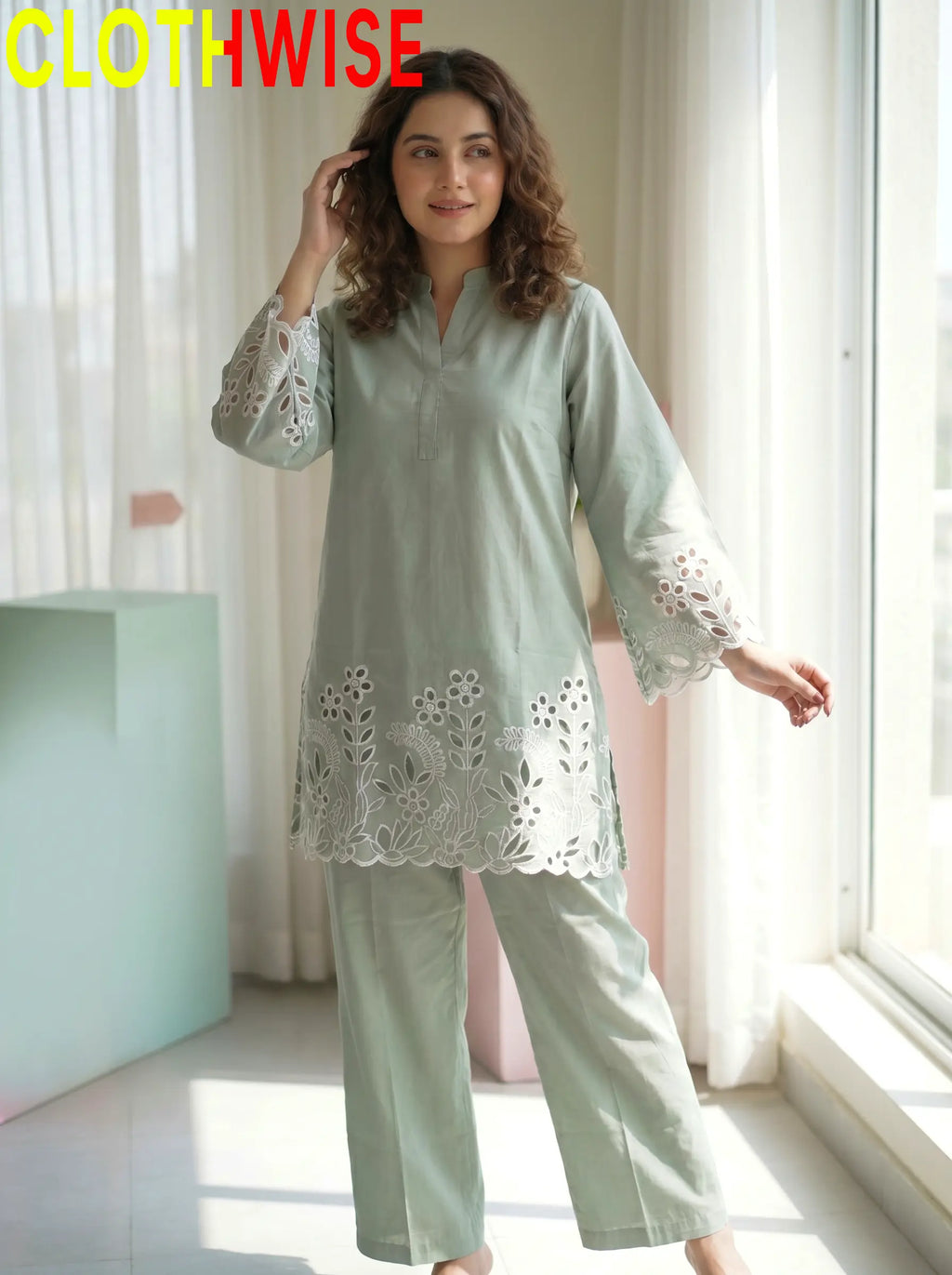 Flora Reign | Mint Cutwork Floral 2-Piece Kurti & Palazzo Set