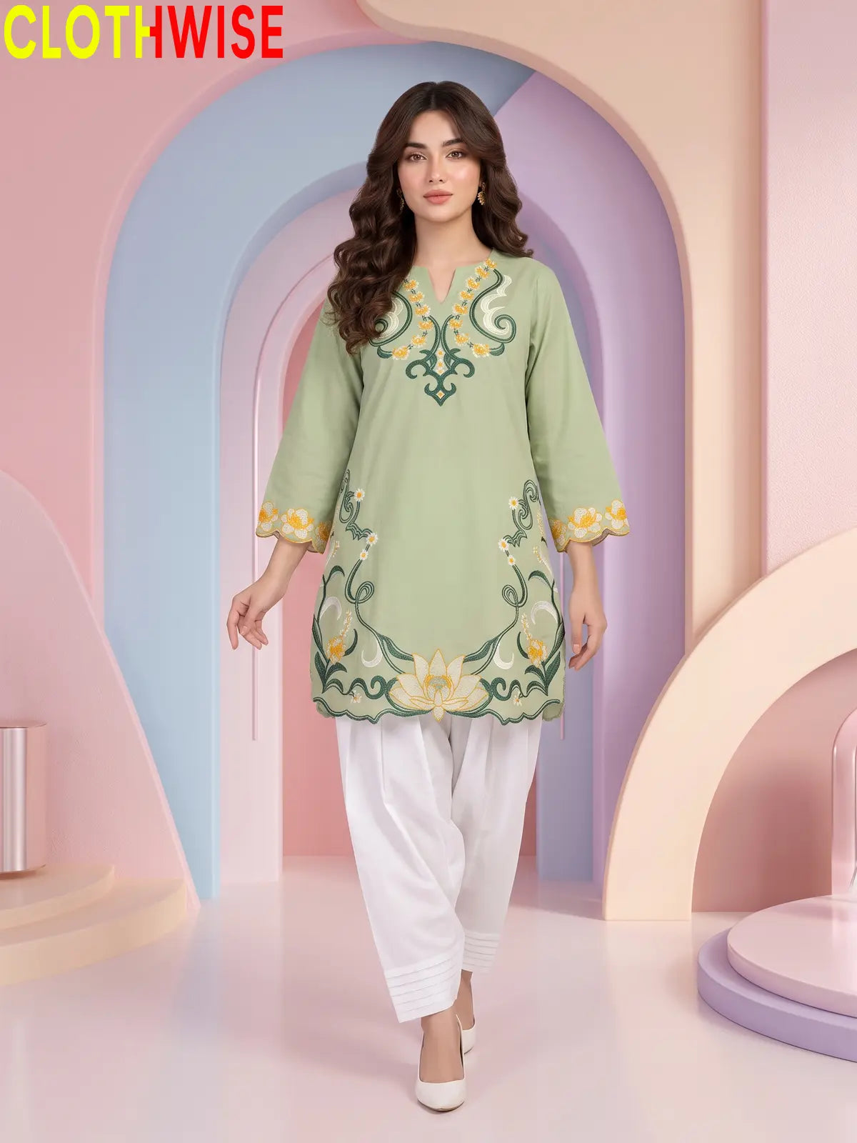 Lotus Embroidered 2 Piece Suit | Cut-Work Kurti with Shalwar for Women