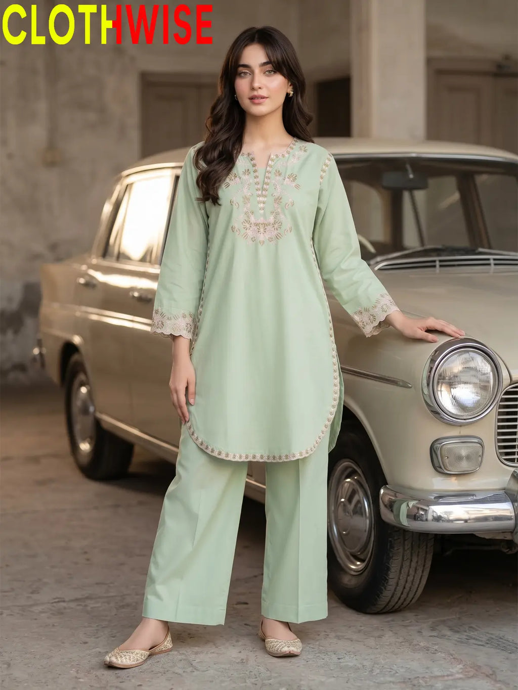 Banafsha 2 Piece Embroidered Co-ord Set | Women's Stitched Cotton Kurta & Flapper