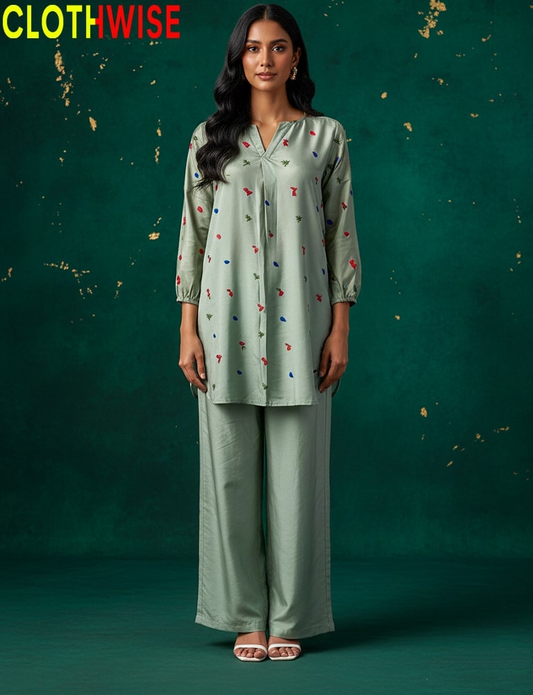 womens wearing embroidered co-ord set by clothwise