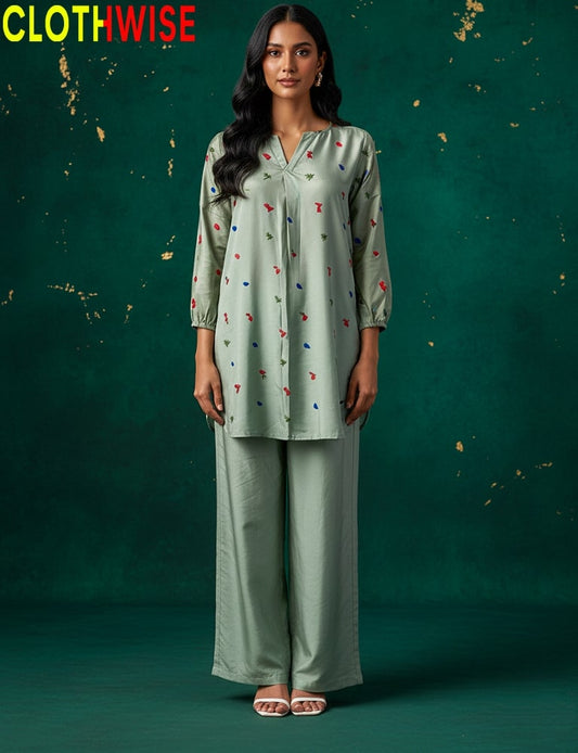 womens wearing embroidered co-ord set by clothwise