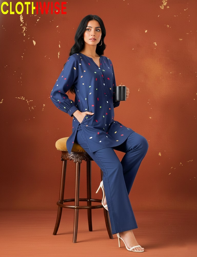 Blossom – Navy Embroidered Co-ord Set with Side Pockets