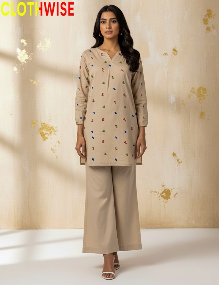 Woman wearing a beige outfit with floral patterns on a beige background, featuring the brand 'CLOTHWISE'.