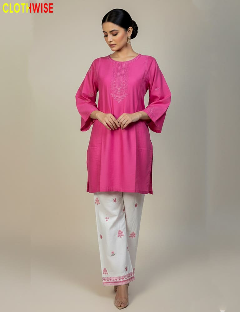 women wearing embroiderd cotton shocking pink co-ord set