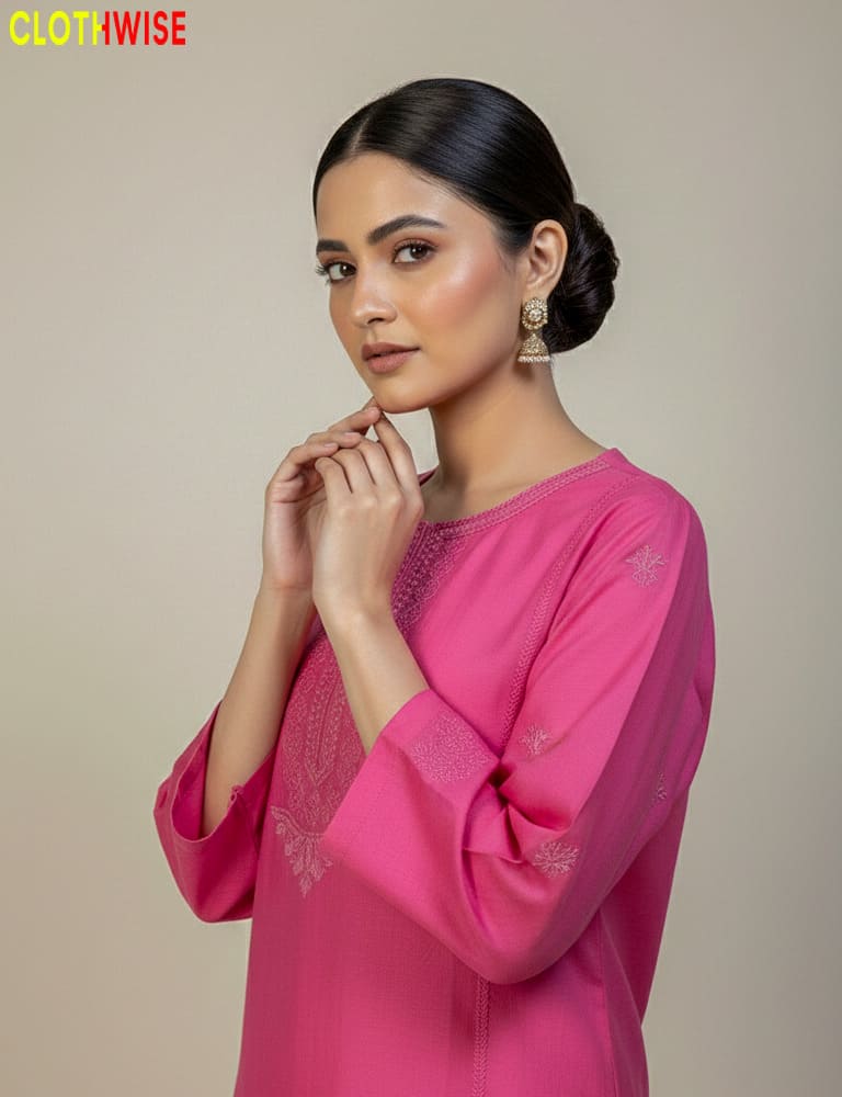 Woman wearing a pink embroidered top with a neutral background, featuring the 'Clothewise' brand.