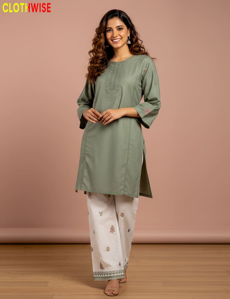 women wearing cotton embroidered green co-ord set by clothwise