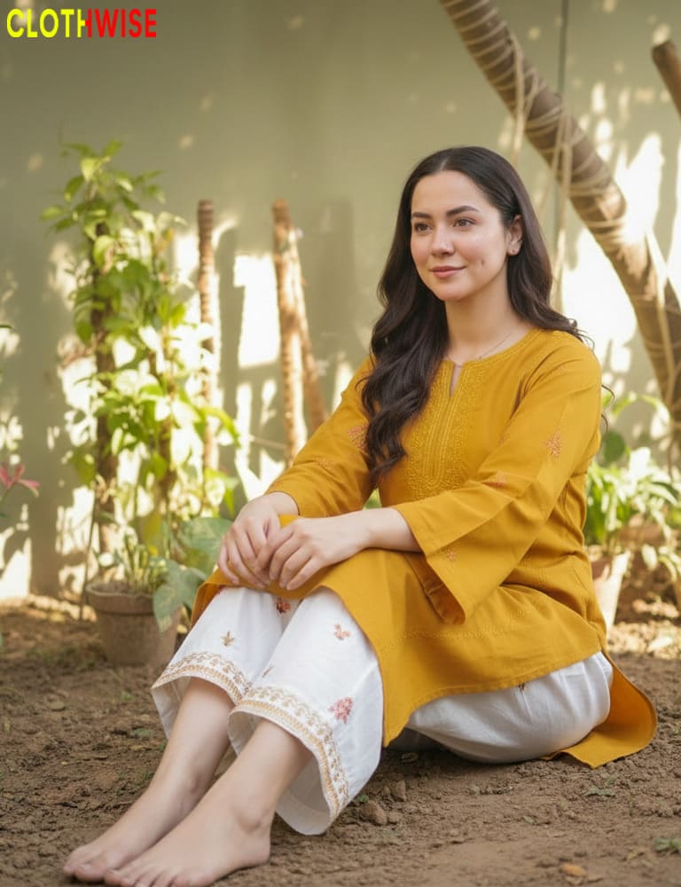 Woman in a yellow top and white pants sitting outdoors with plants in the background