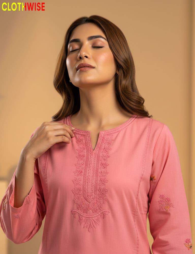 Woman wearing a pink embroidered top with a beige background, featuring the 'Clothwise' brand.