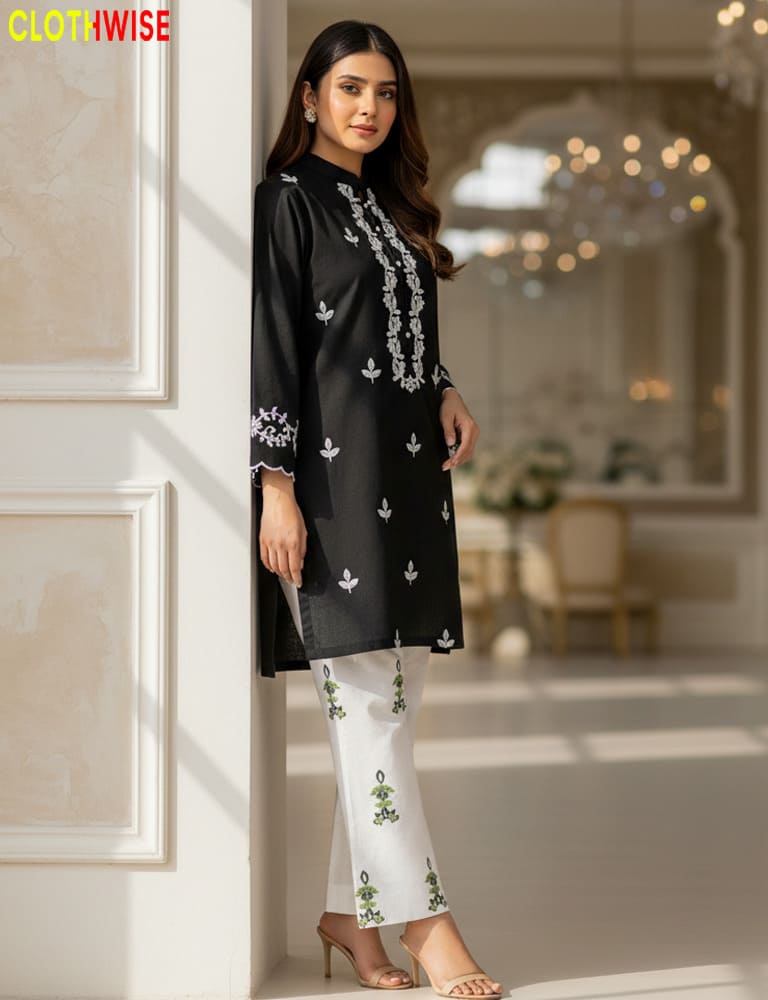 women wearing cotton embroidered black co-ord set by clothwise