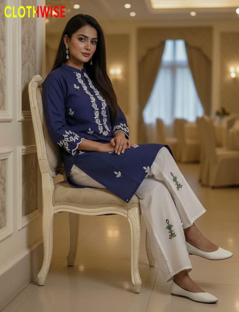 Woman sitting on a chair wearing a blue and white embroidered outfit in a decorated room.
