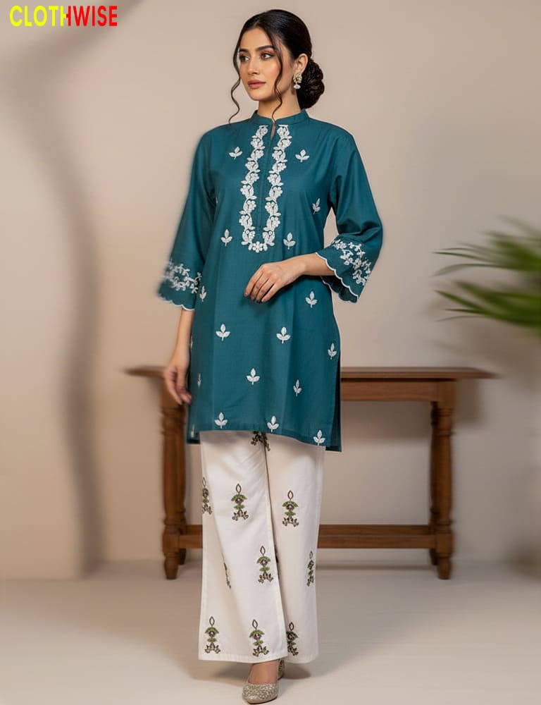 Inspired by Hania Amir: Clothwise Embroidered Cotton Teal Co-ord Set