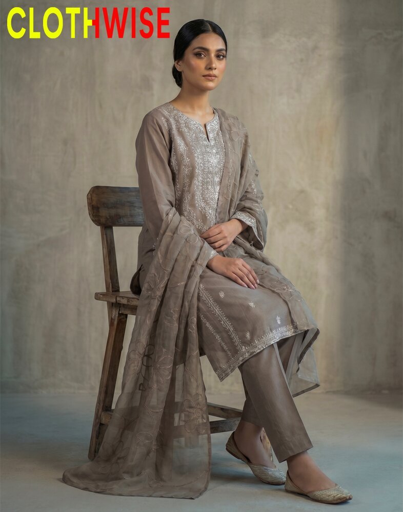 Ornate – Earthy Mud Brown Embroidered 3-Piece Lawn Suit with Chiffon Dupatta - Pakistani Women Pret | CLOTHWISE
