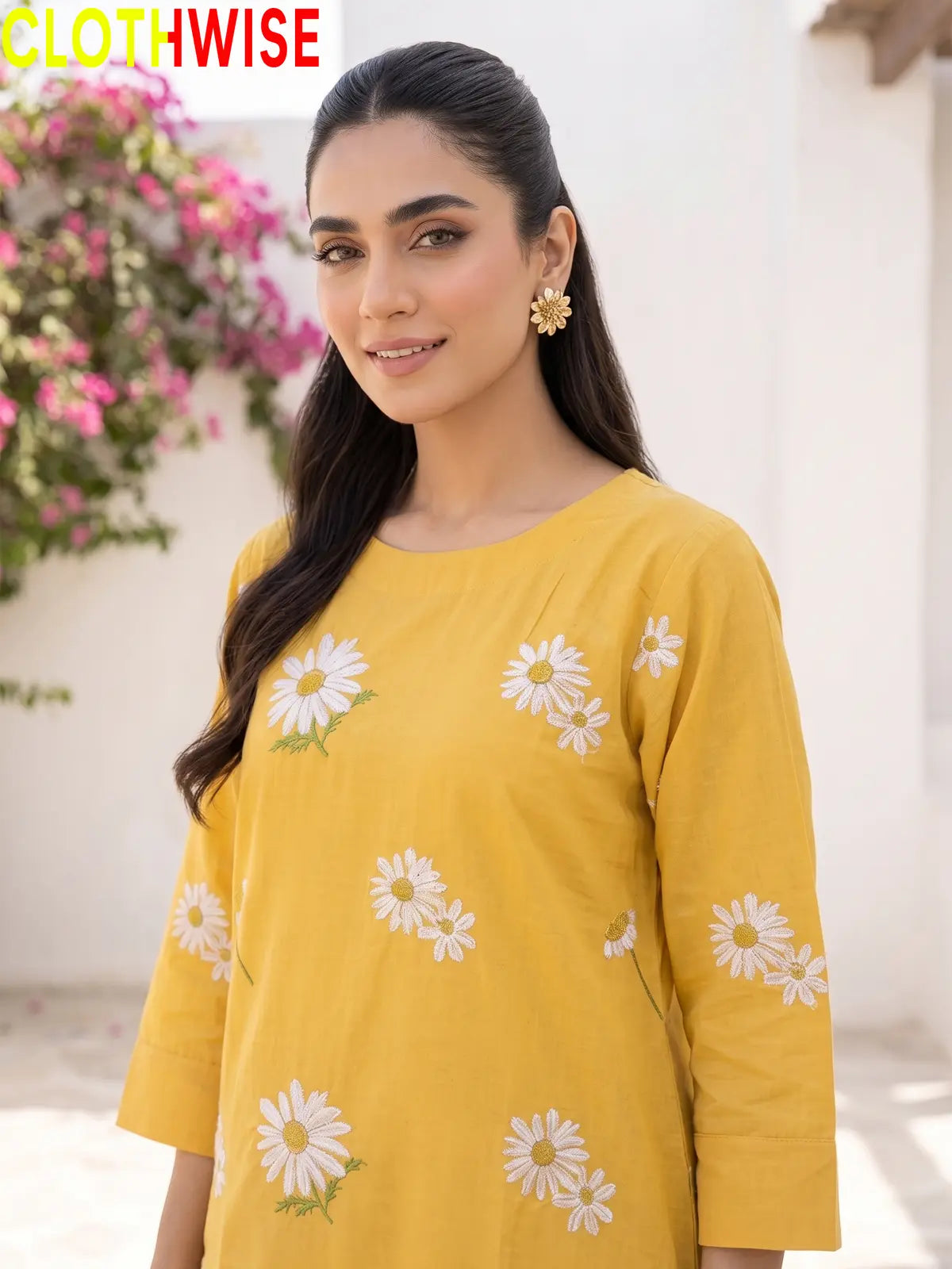 Daisy Mustard embroidered cotton suit - close up embroidery detail - CLOTHWISE