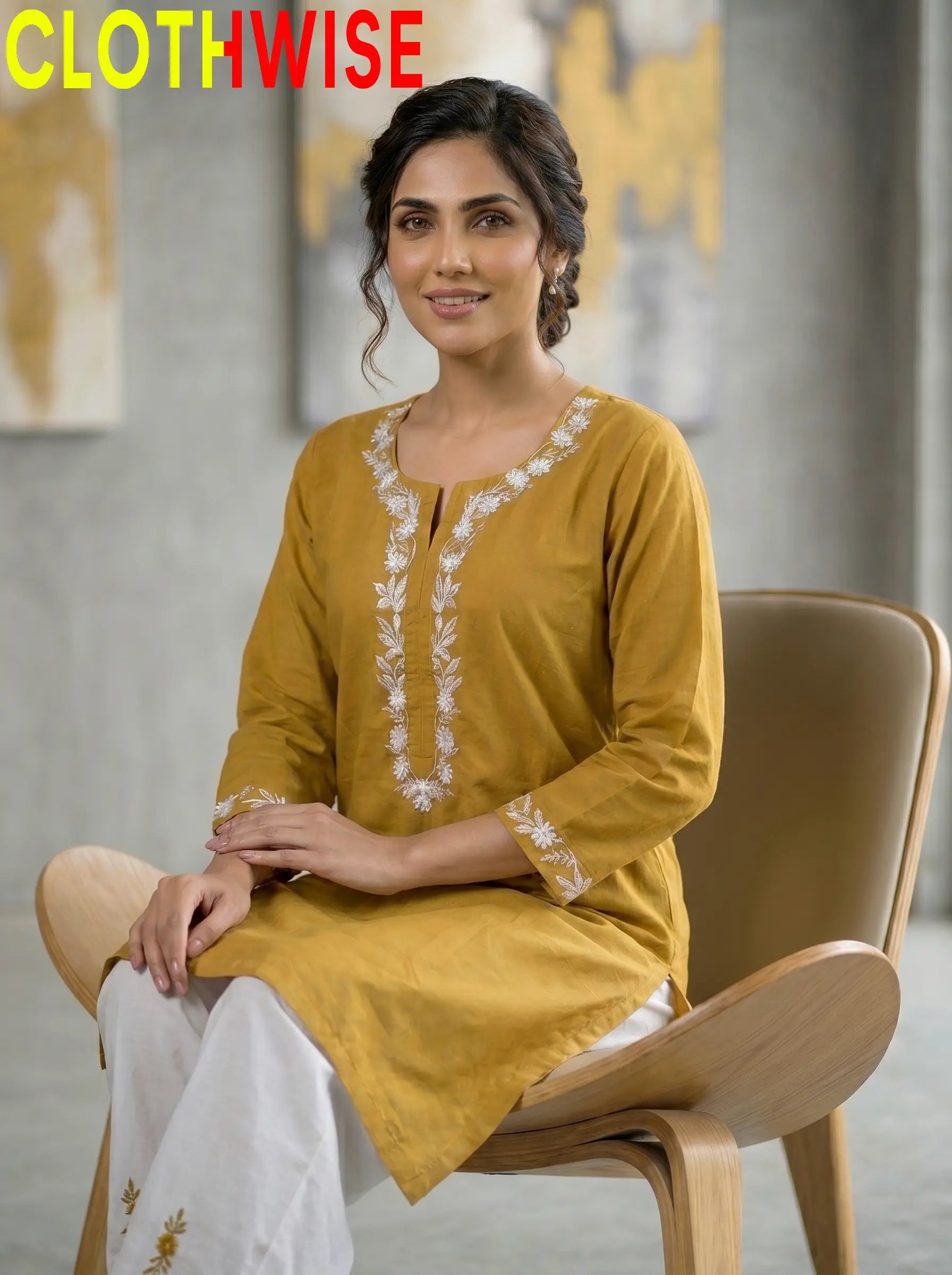 Naqsh Mustard Embroidered Cotton Co-ord Set Close-up Embroidery Detail – Clothwise