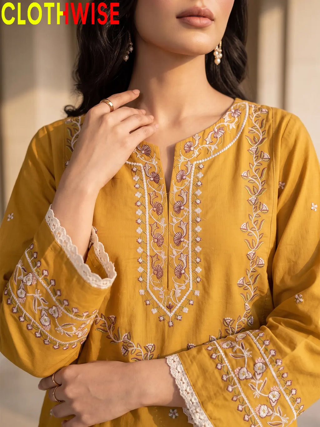 Noor Mustard Embroidered Cotton Suit - Embroidery Closeup