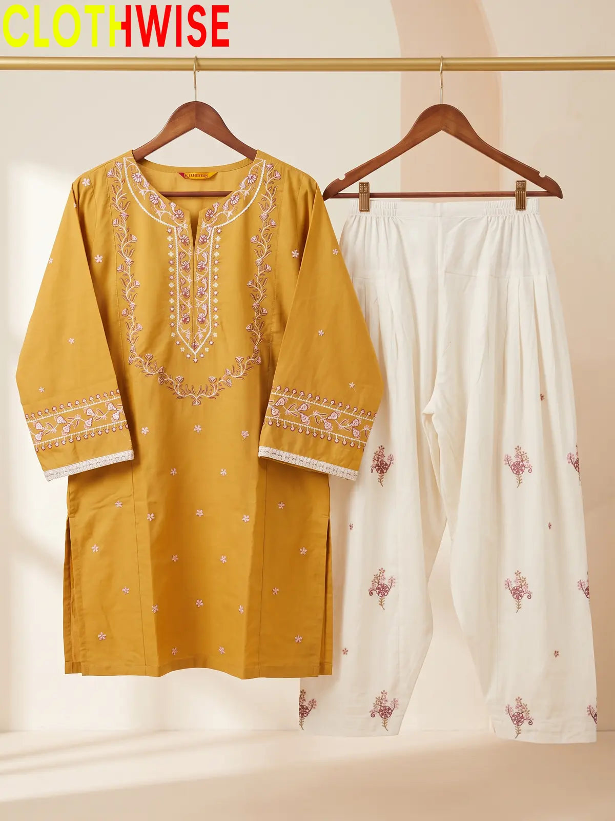 Noor Mustard Embroidered Cotton Suit - Hanger View