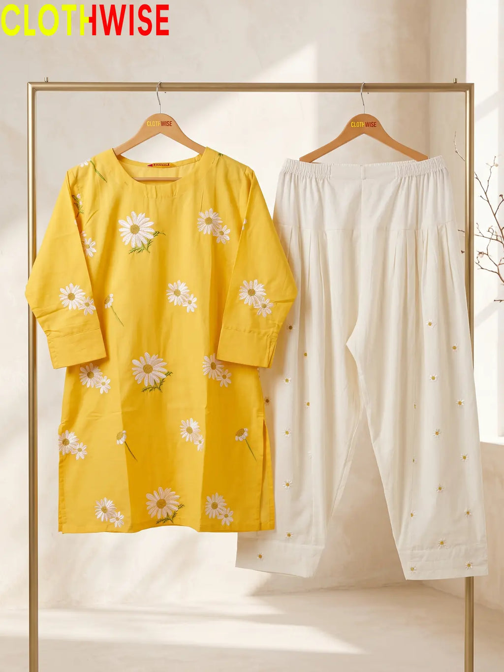 Daisy Mustard embroidered cotton suit - hanger view - CLOTHWISE