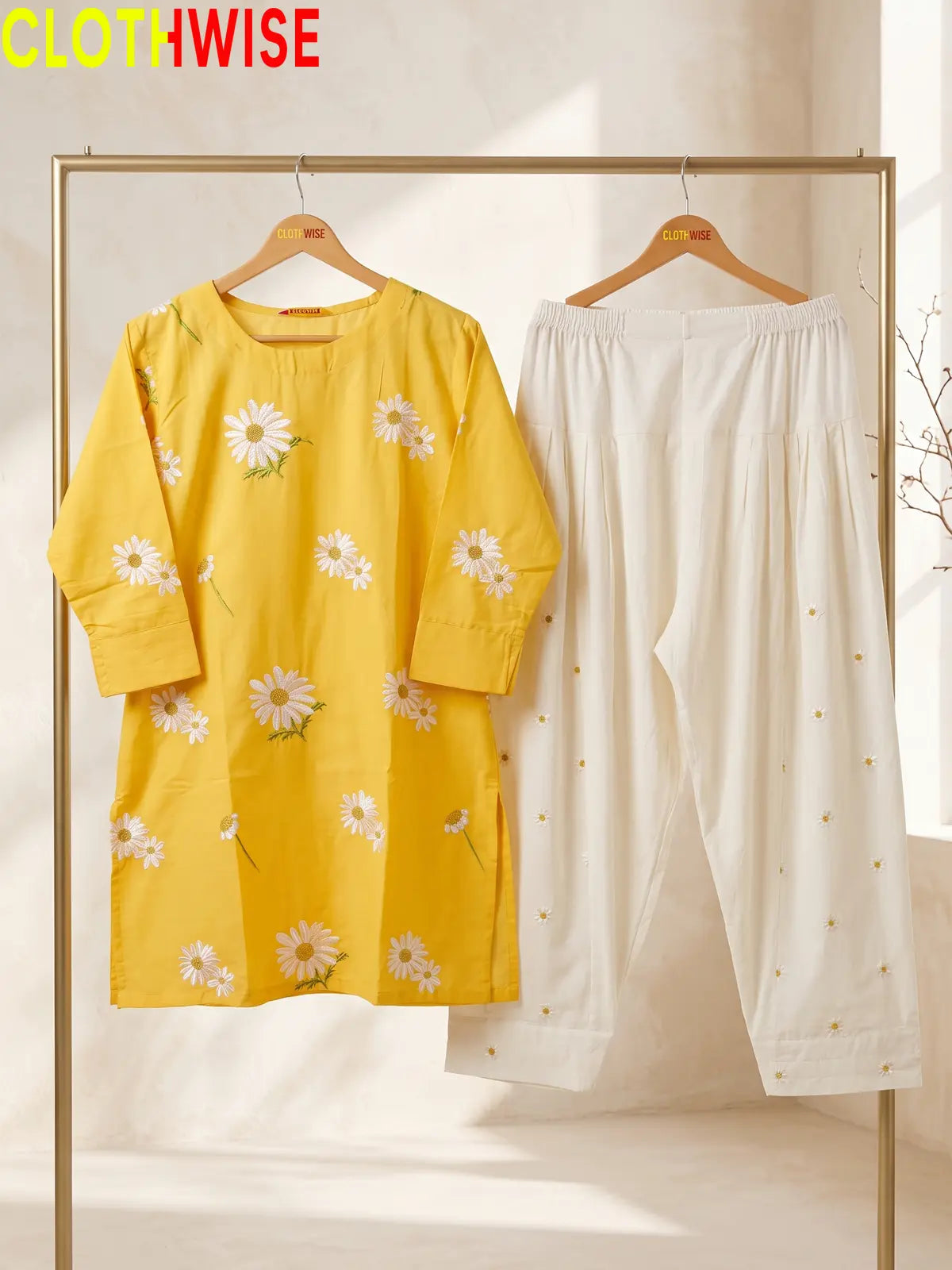 Daisy Mustard embroidered cotton suit - hanger view - CLOTHWISE