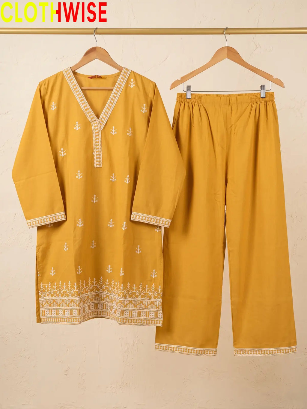 Mustard Cross Stitch embroidered cotton suit on hanger – CLOTHWISE