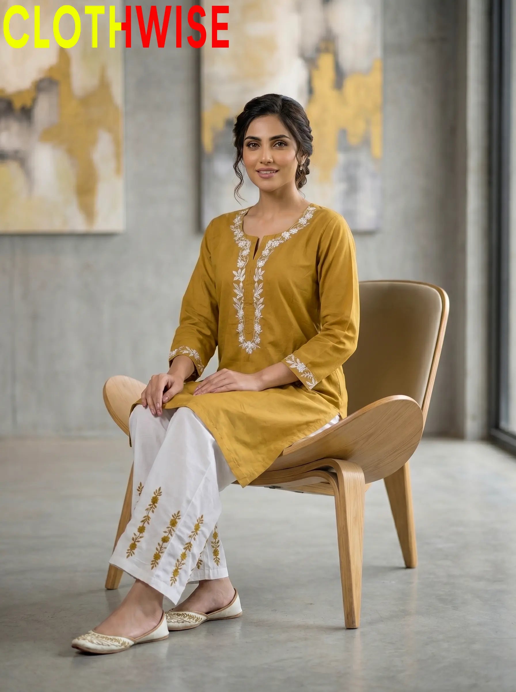 Naqsh Mustard Embroidered Cotton Co-ord Set Sitting View – Clothwise