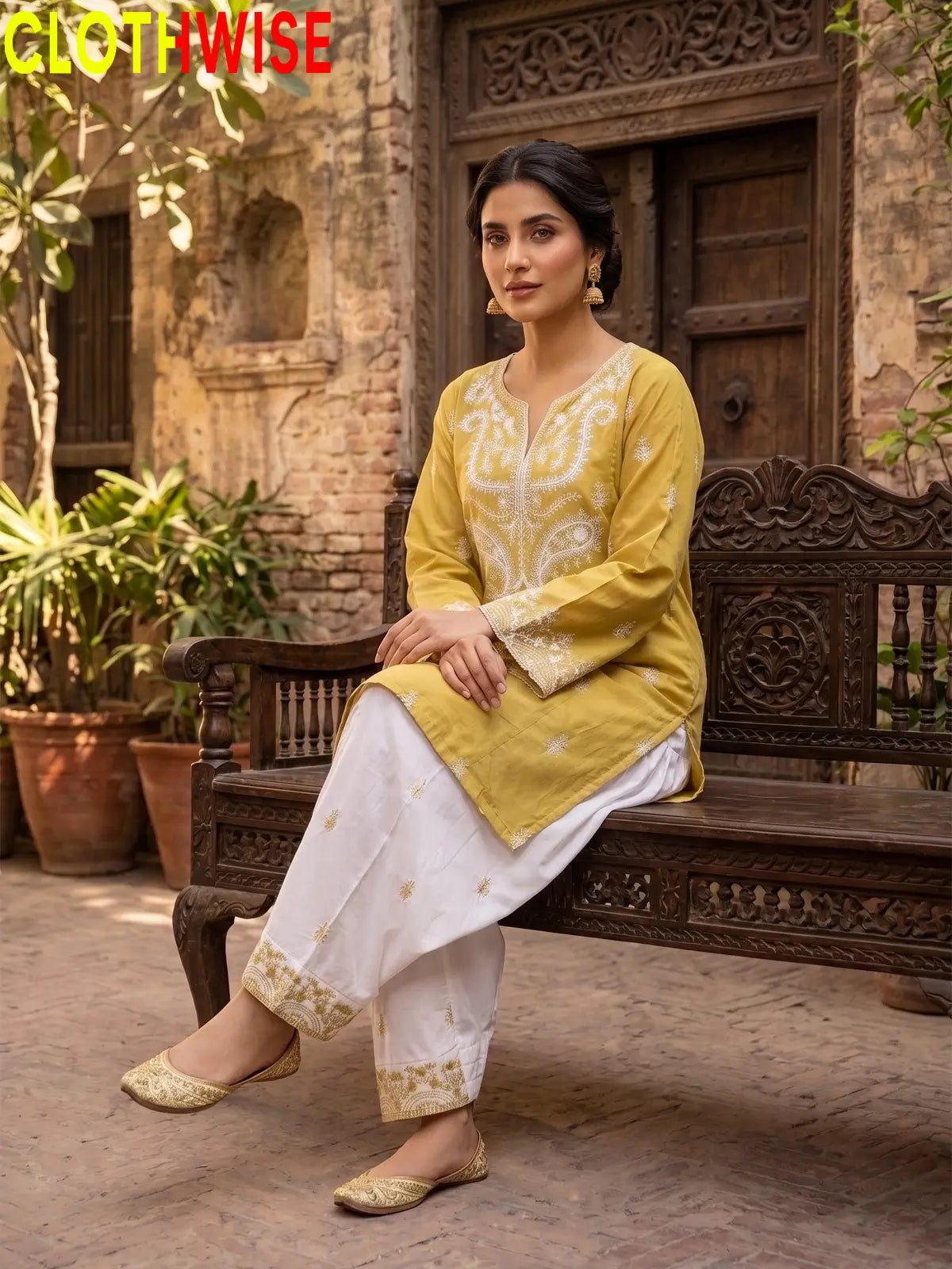 Mushq Mustard 2-piece cotton suit sitting pose