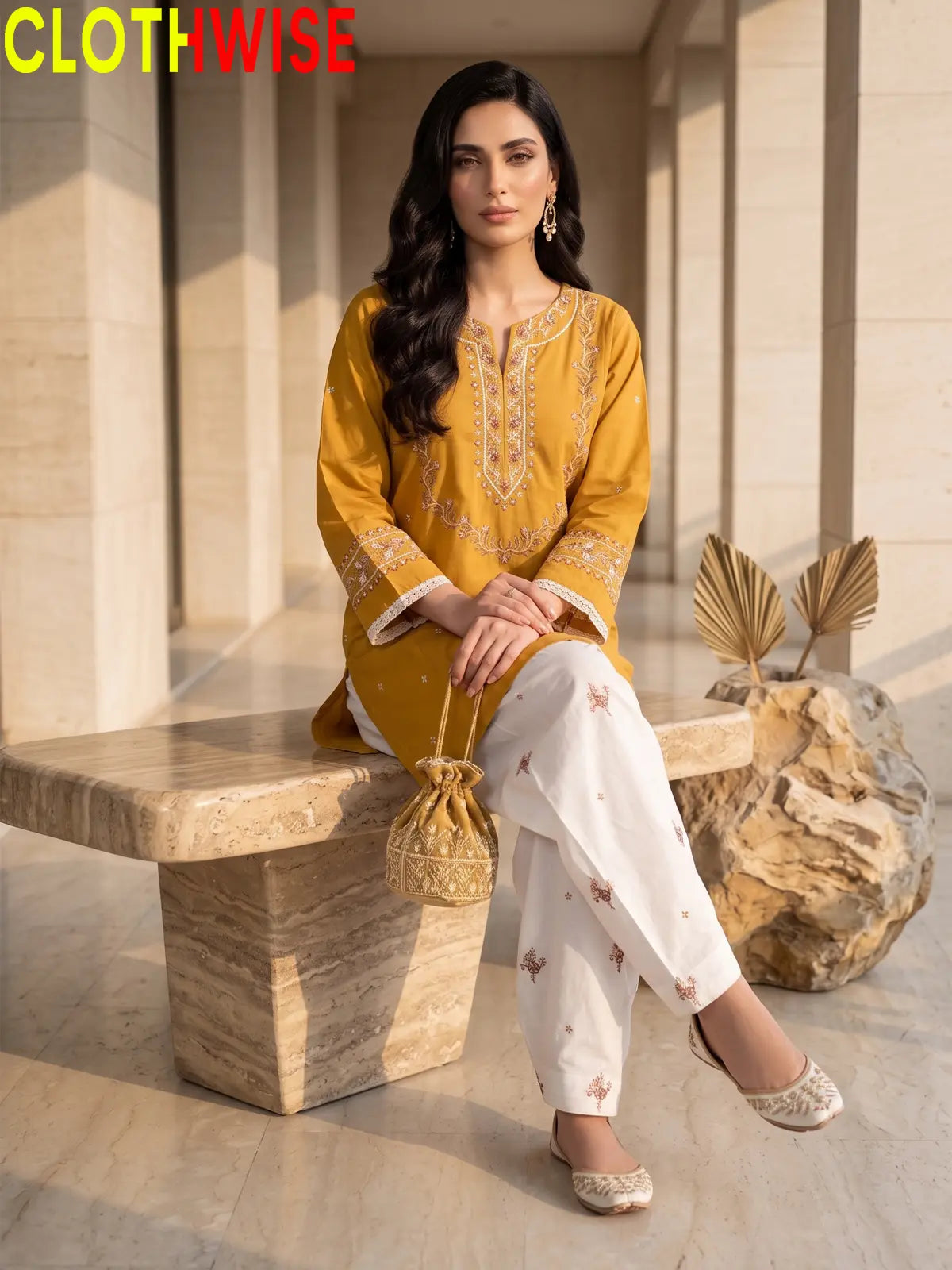 Noor Mustard Embroidered Cotton Suit - Sitting View