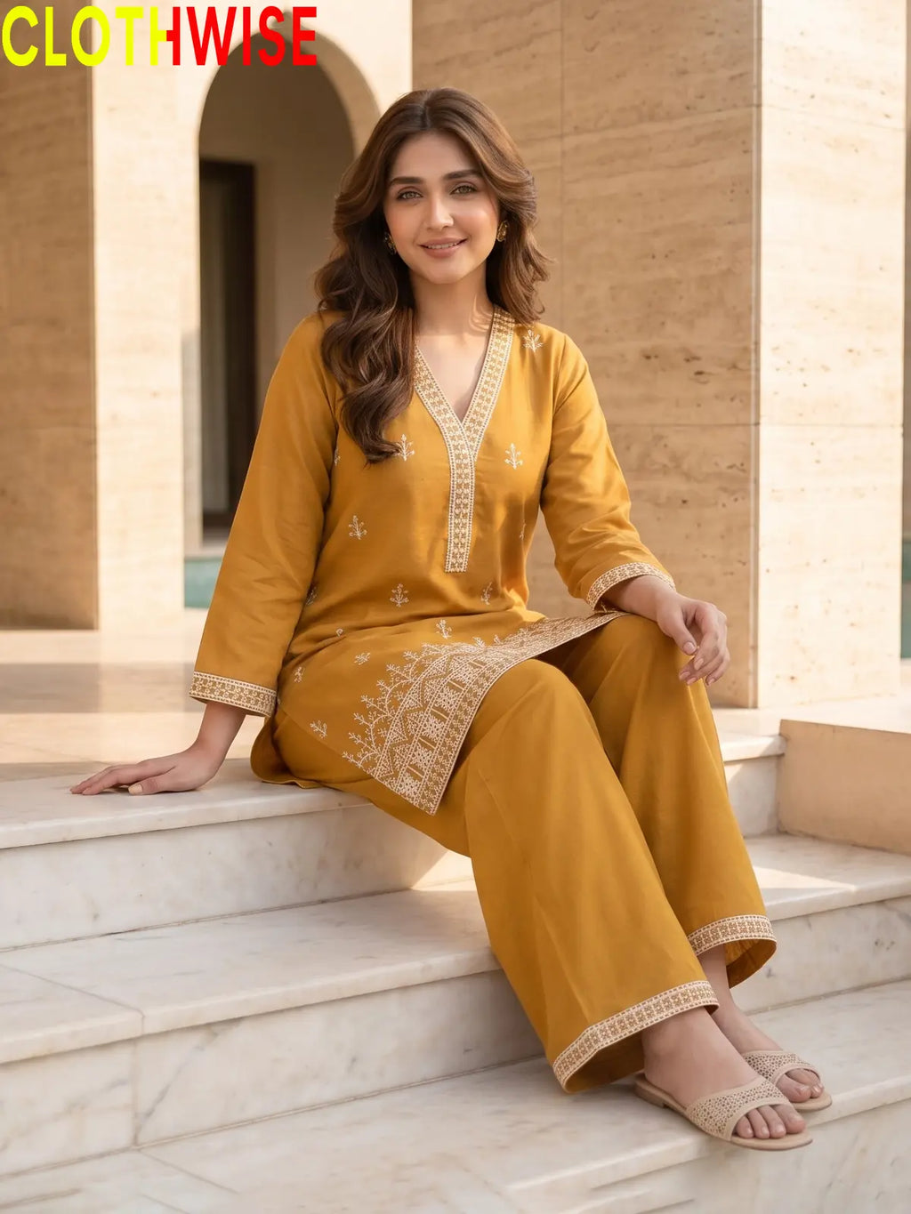 Mustard Cross Stitch embroidered cotton suit sitting view – CLOTHWISE
