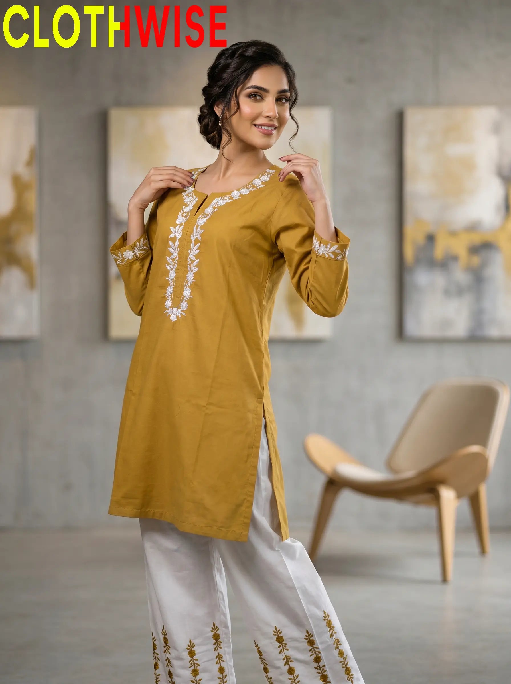 Naqsh Mustard Embroidered Cotton Co-ord Set Standing View – Clothwise