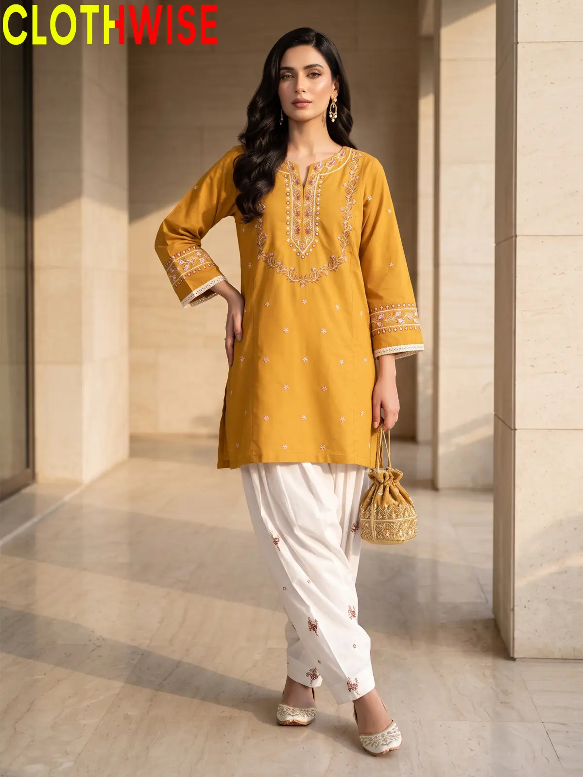 Noor Mustard Embroidered Cotton Suit - Standing View
