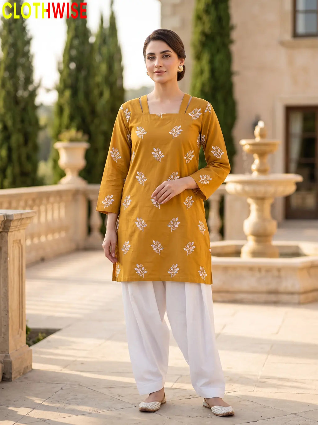 Hoor Mustard embroidered cotton suit standing view - CLOTHWISE