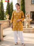 Hoor Mustard embroidered cotton suit standing view - CLOTHWISE