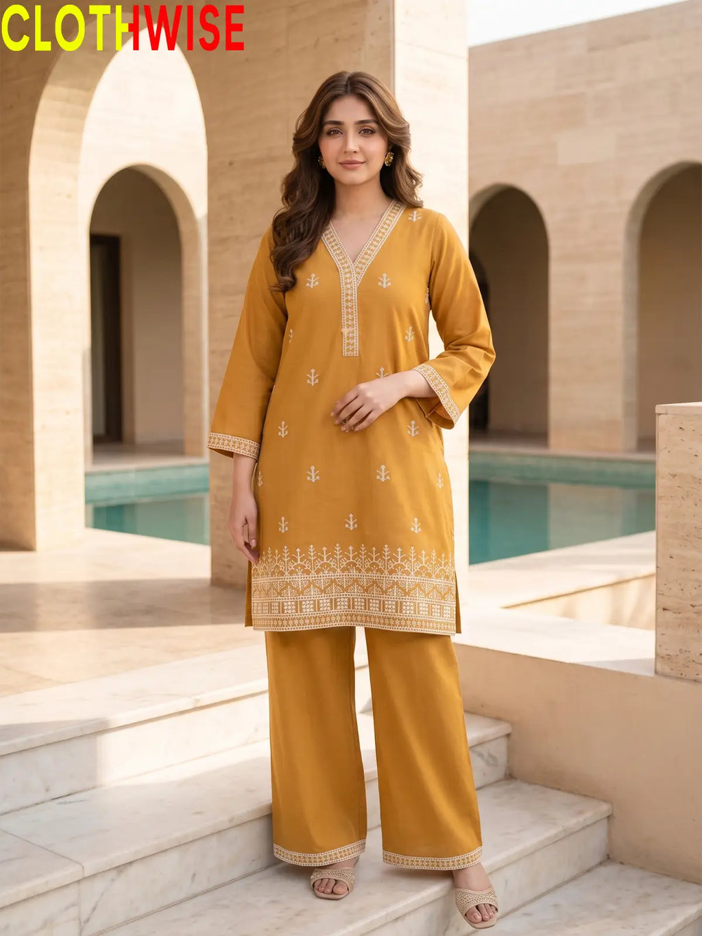 Mustard Cross Stitch embroidered cotton suit standing view – CLOTHWISE