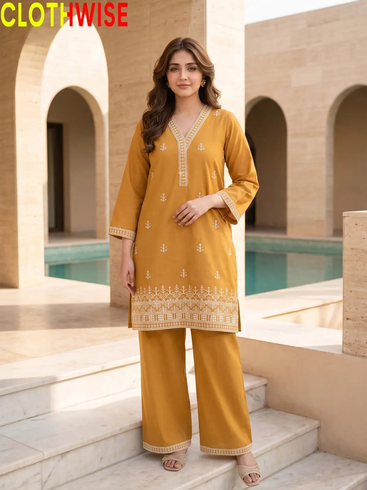 Mustard Cross Stitch embroidered cotton suit standing view – CLOTHWISE