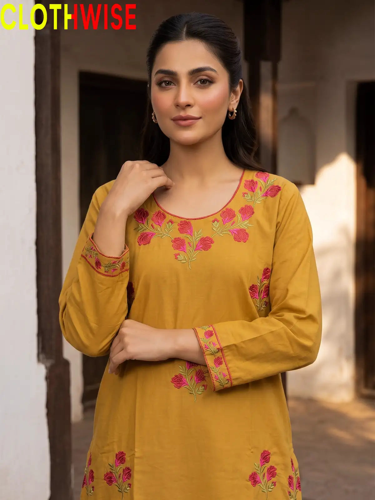 Ghulab Mustard Embroidered Cotton 2 Piece Suit for Women
