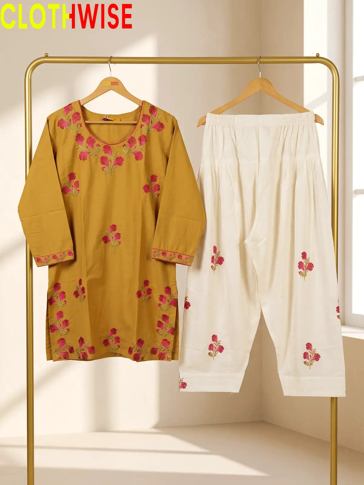 Ghulab Mustard Embroidered Cotton 2 Piece Suit for Women