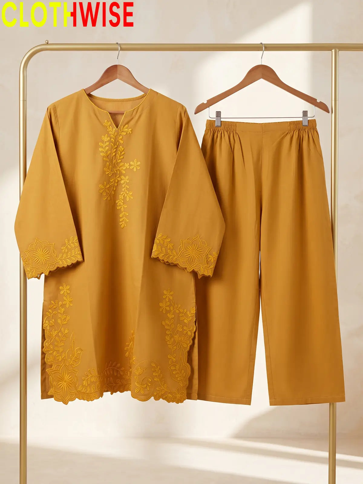 Embroidered Cotton Kurti with Wide Leg Flapper | Scalloped Hem Co-ord Set