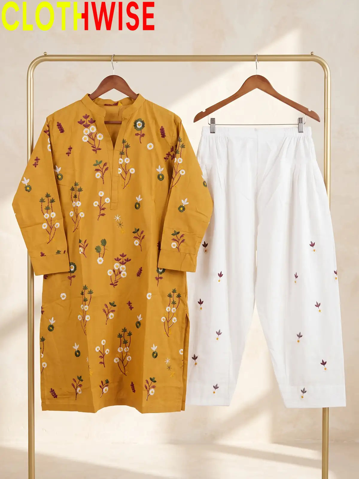 Nargiz - Embroidered Daisy Floral Cotton Kurta with Palazzo | 2-Piece Suit