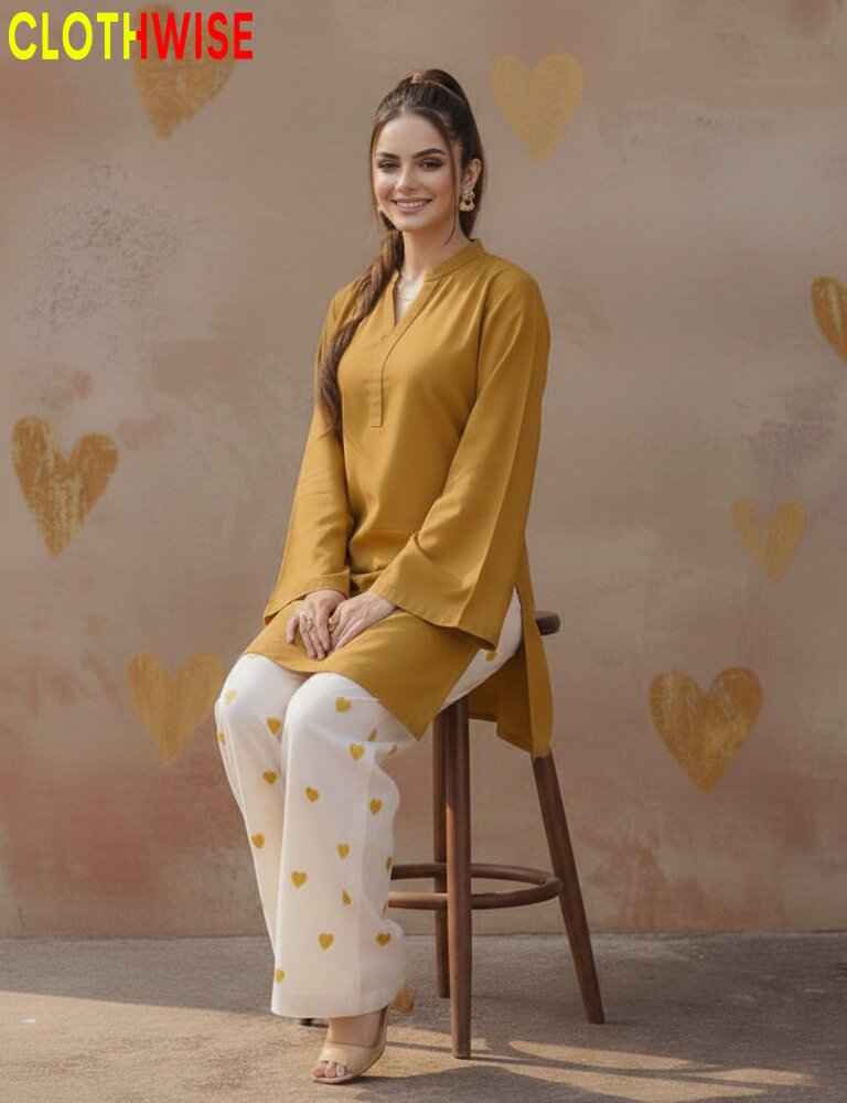 Hania Aamir Viral Mustard Heart Embroidered Cotton Co-ord Set by ClothWise