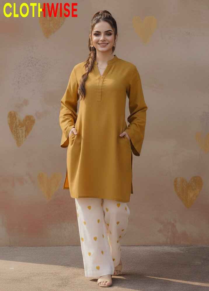 Hania Aamir Viral Mustard Heart Embroidered Cotton Co-ord Set by ClothWise