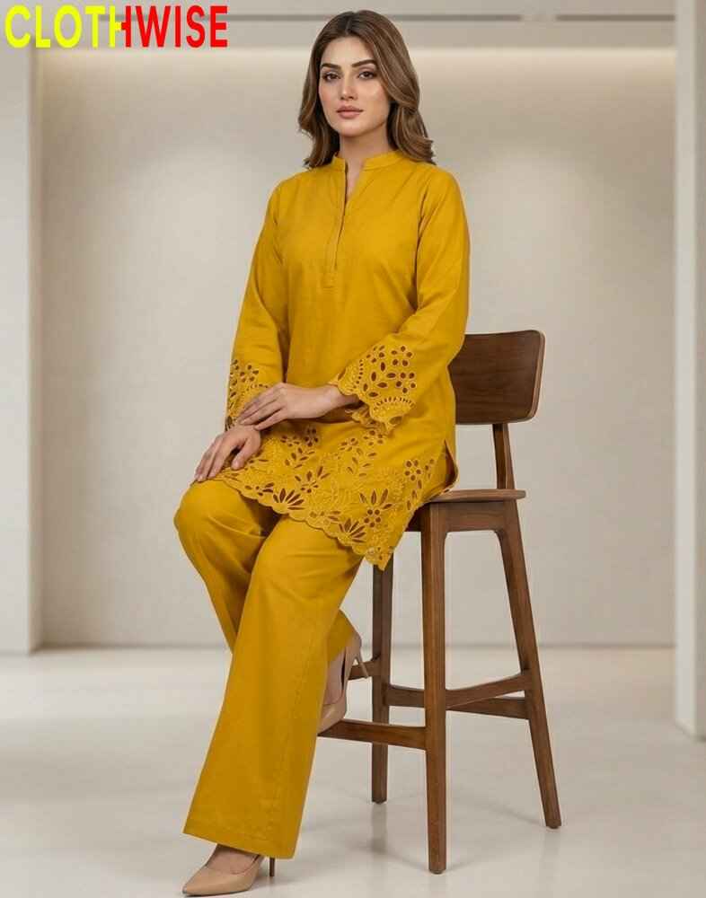 Woman wearing a yellow outfit sitting on a wooden stool with 'CLOTHWISE' branding.