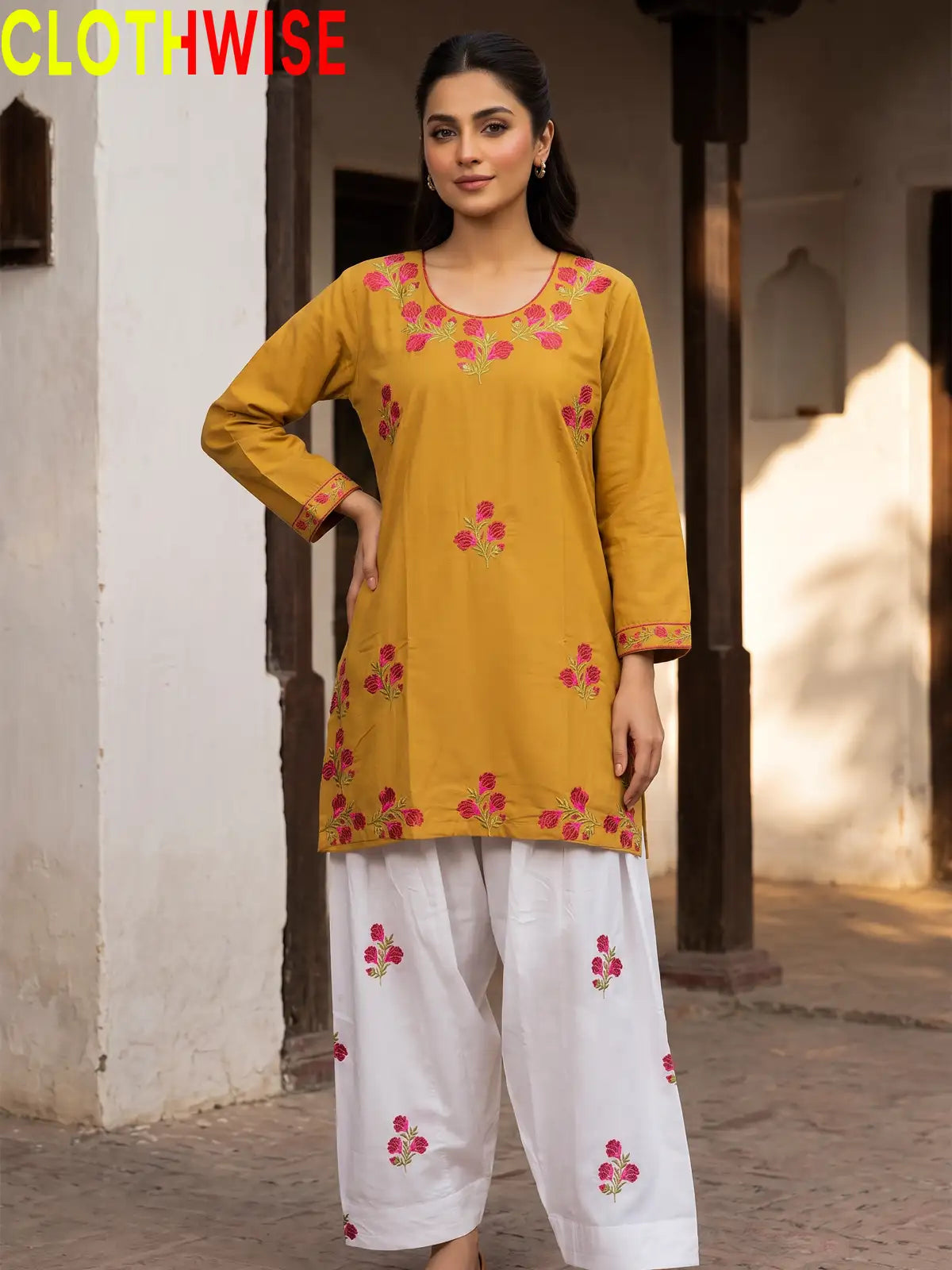 Ghulab Mustard Embroidered Cotton 2 Piece Suit for Women