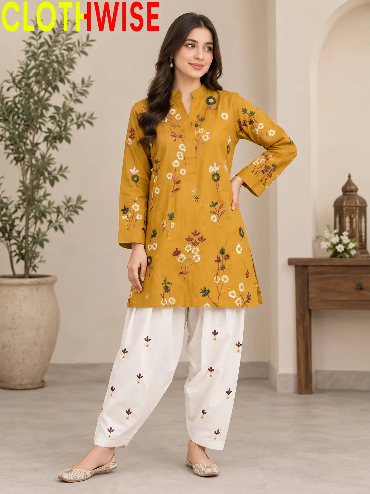 Nargiz - Embroidered Daisy Floral Cotton Kurta with Palazzo | 2-Piece Suit