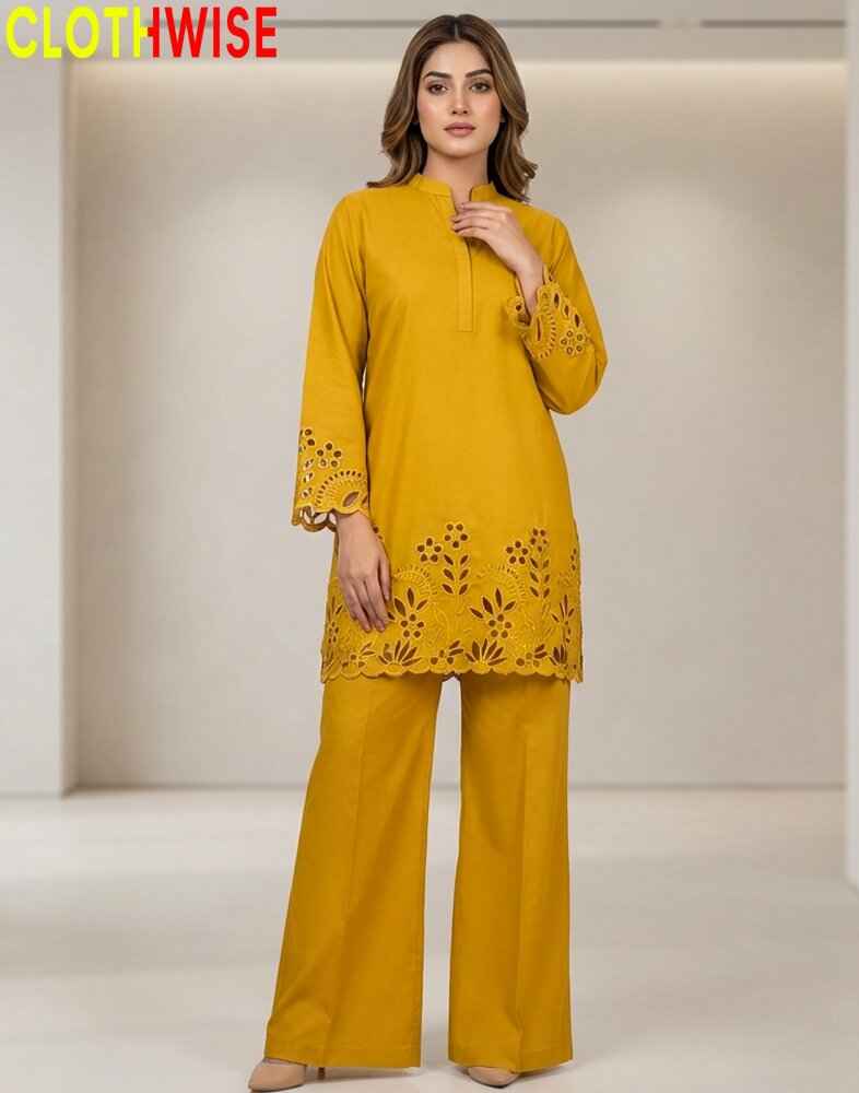 Woman wearing a mustard yellow outfit with lace details on a white background, branded 'CLOTHWISE'.