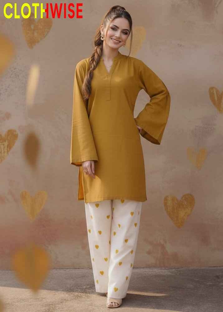 Hania Aamir Viral Mustard Heart Embroidered Cotton Co-ord Set by ClothWise
