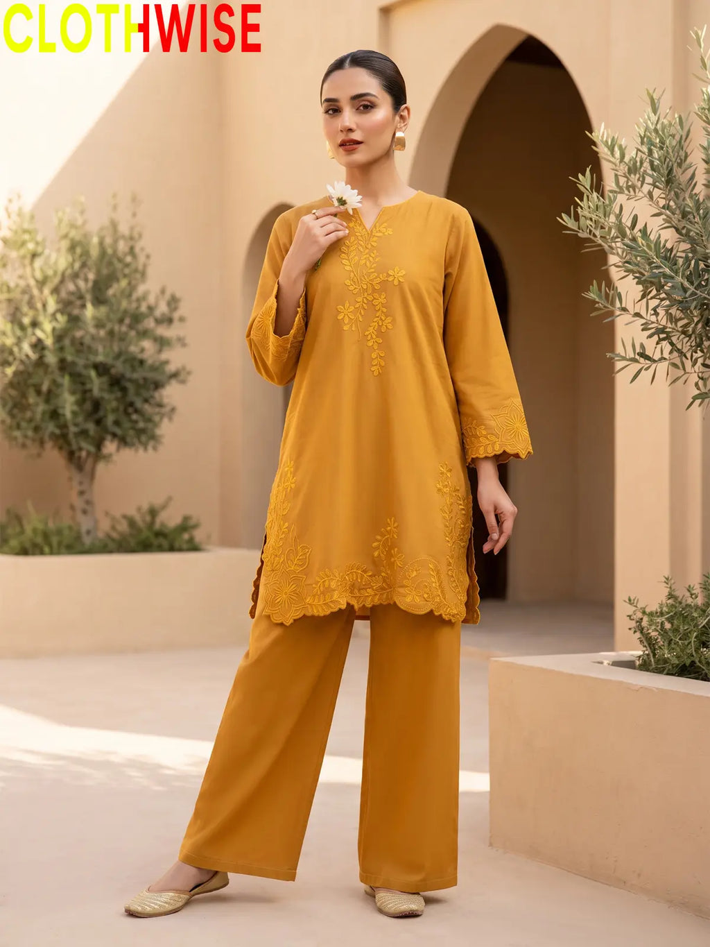 Embroidered Cotton Kurti with Wide Leg Flapper | Scalloped Hem Co-ord Set