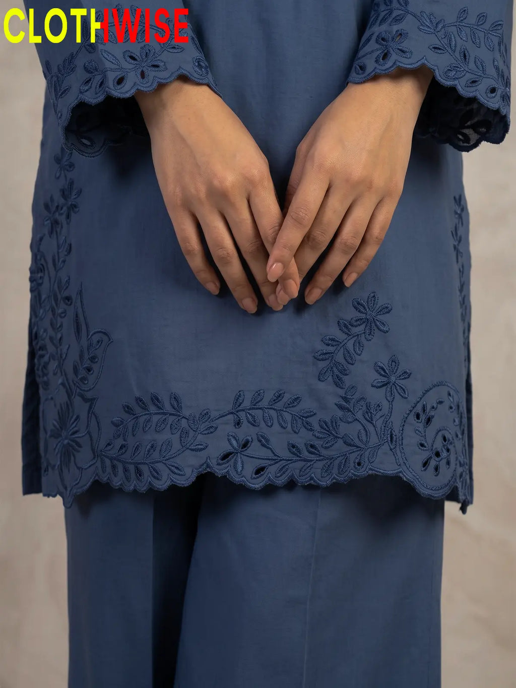 Gulkari chikankari embroidered cotton co-ord set in Navy - close-up daman detail