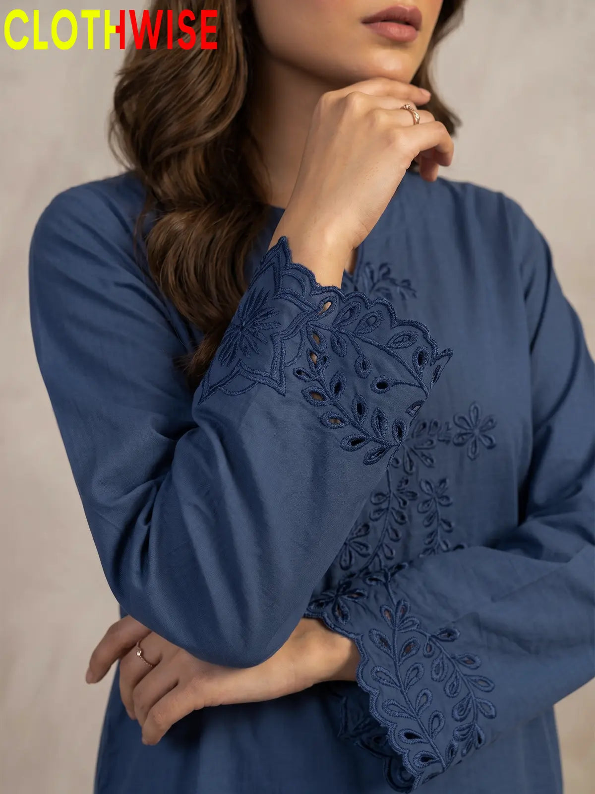Gulkari chikankari embroidered cotton co-ord set in Navy - close-up sleeves embroidery detail